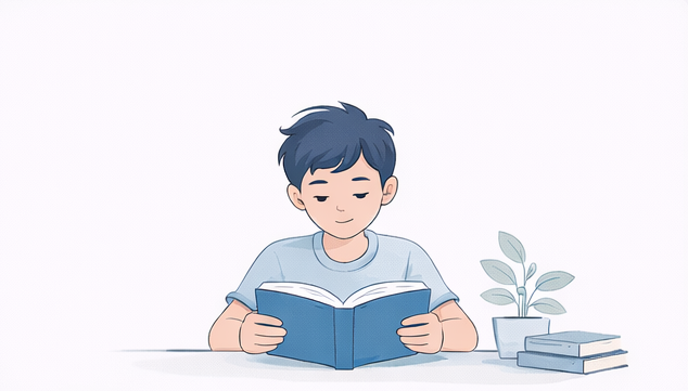 Child reading a book at a table